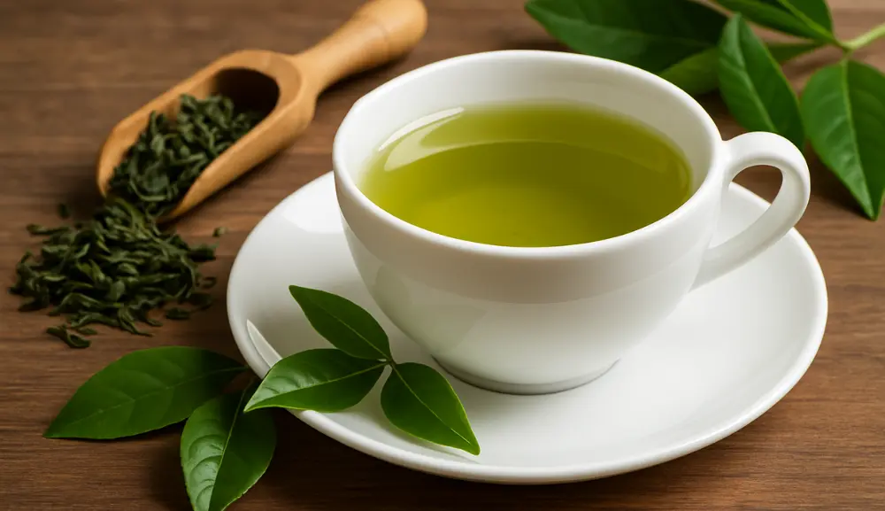 Filiżanka zielonej herbaty z liśćmi jako naturalny napój na co dzień
